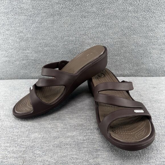 CROCS - Woman’s Patricia Wedge Brown Strappy Slide Slip On Sandals Size 10  B4 - Picture 1 of 11